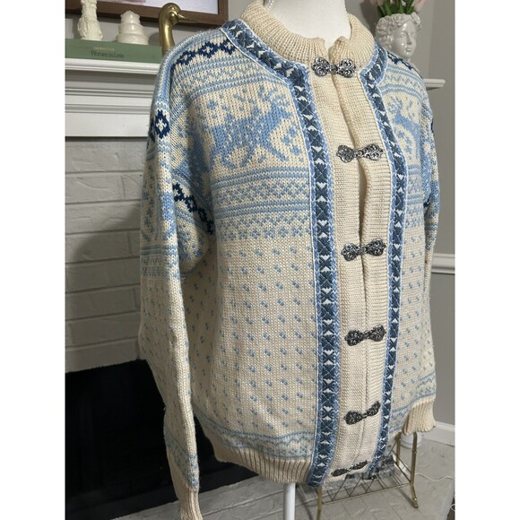 Dale of Norway Fair Isle Cardigan Sweater Blue White Women S Nordic Metal Clasps - Picture 2 of 6